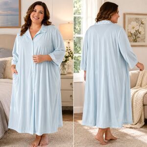 Vintage Vanity Fair Button Robe XXXL 3XL Blue Nylon Pocket 70s USA Embroidered